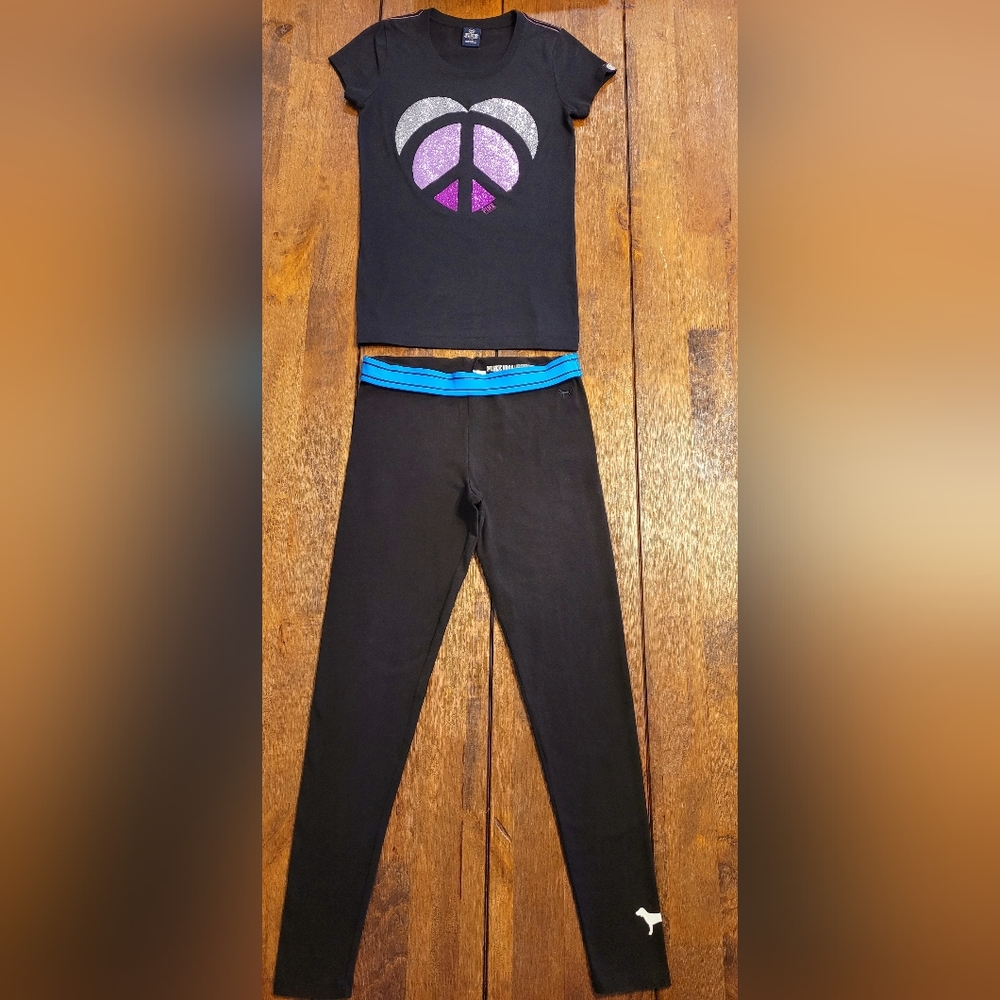 Victoria's Secret Pink Set Black Tshirt  Yoga Leggins Black Size S